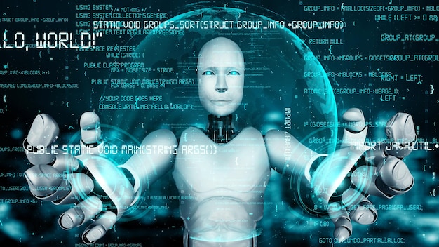 Codifica di programmazione AI huminoid di intelligenza artificiale robotica futuristica