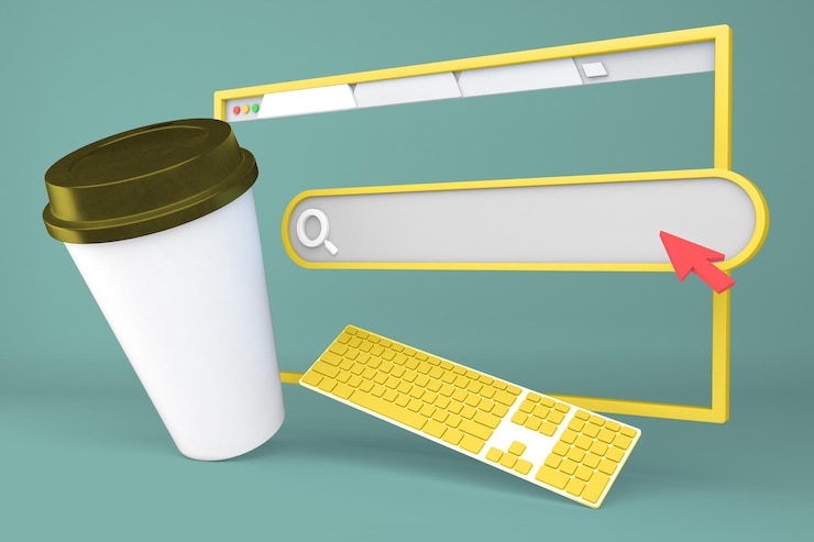 Photo coffee cup and website icons left side in green background