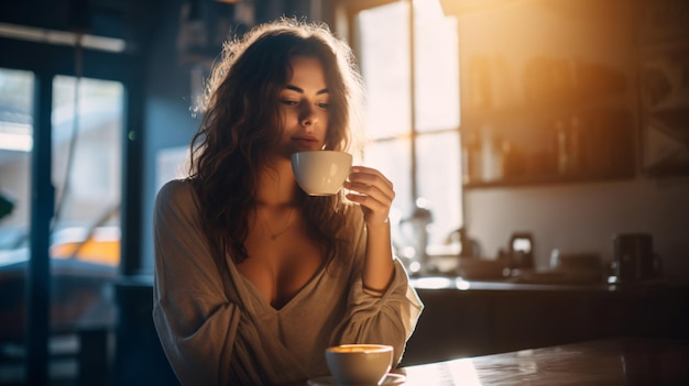 Coffee Delight Ritratto accattivante di una ragazza che si gode un caffè caldo in una cucina accogliente