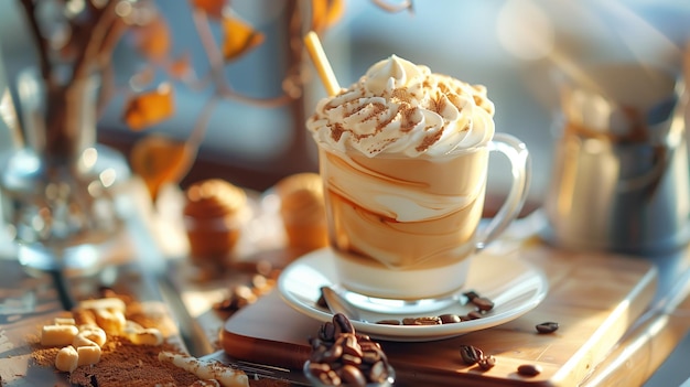 Coffee latte macchiato con panna montata e chicchi di caffè