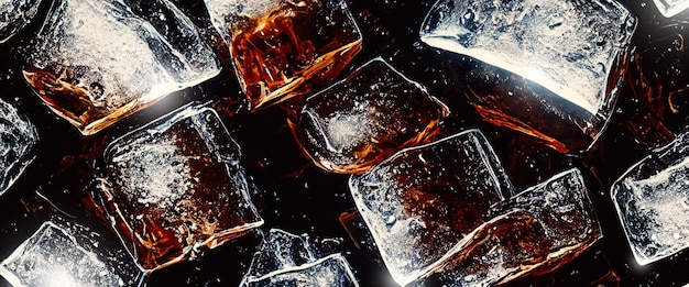 Cola con ghiaccio Primo piano dei cubetti di ghiaccio in acqua cola Consistenza della bevanda carbonato