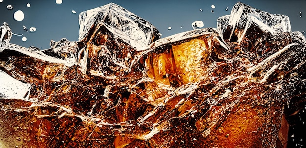 Cola con ghiaccio Primo piano dei cubetti di ghiaccio in acqua cola Consistenza della bevanda carbonato