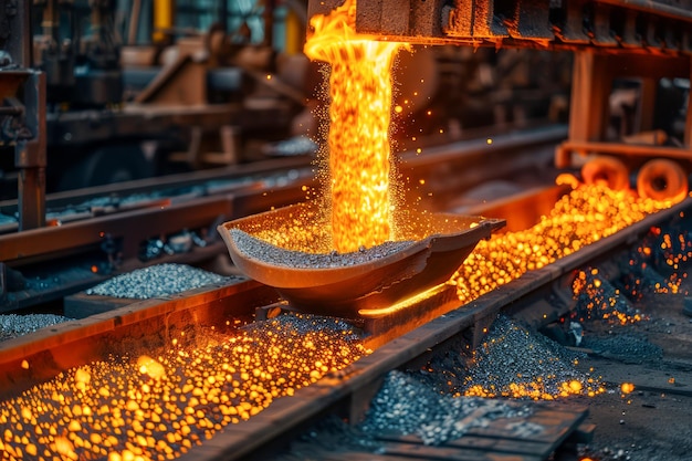 Colata di metalli fusi ad alta temperatura in ambienti di fabbriche industriali lavorazione dei metalli e
