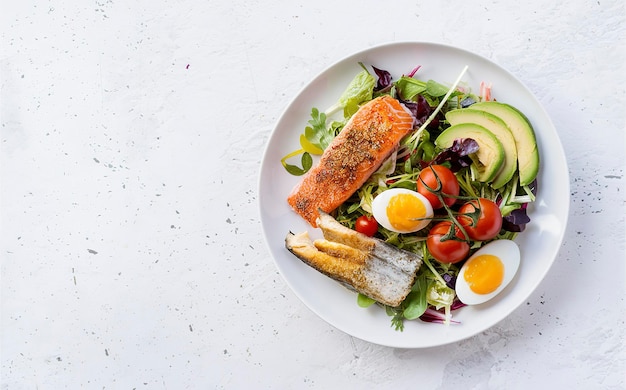 Colazione a dieta chetogenica Salmone salato e insalata dorado al forno con verdura pomodori uova e avocado