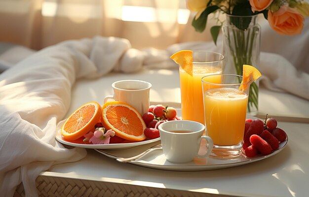 colazione a letto con caffè, croissant, succo d'arancia e frutta su un vassoio Foto di alta qualità