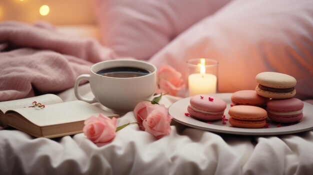 Colazione a letto per il giorno di San Valentino tè e macaroni rosa sfocato sullo sfondo