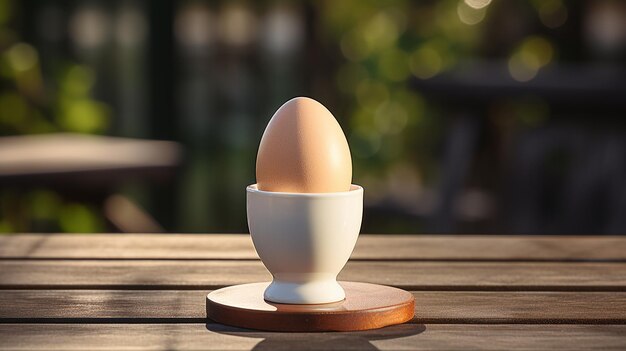 Colazione all'aperto uovo sodo in portauovo sul tavolo di legno
