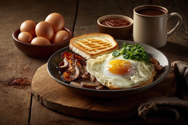 Colazione all'inglese con uova fritte, bacon e pane tostato AI generativa