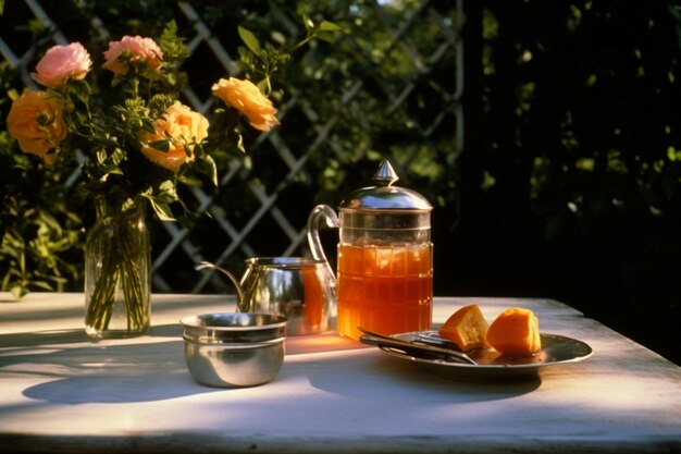 colazione apparecchiata su un tavolo in giardino AI generativa