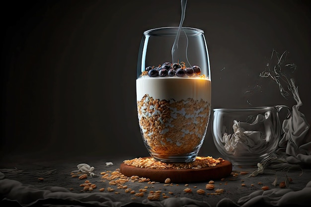 Colazione con latte e bevanda muesli in tazza di vetro su sfondo scuro