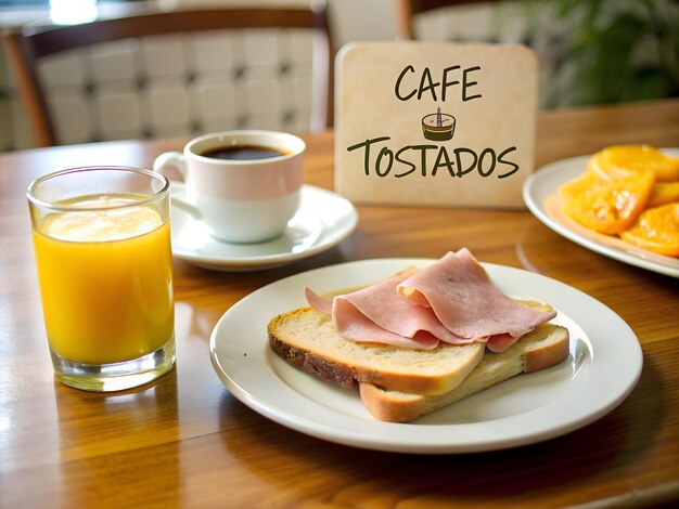 colazione con succo d'arancia e pane tostato accanto a un cartello che dice cafe tostados