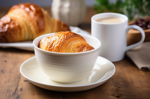 colazione con una tazza di caffè e croissant AI generato