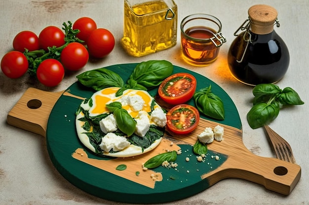 Colazione con uova fritte spinaci rucola formaggio feta pomodoro arrostito pomodoro fresco