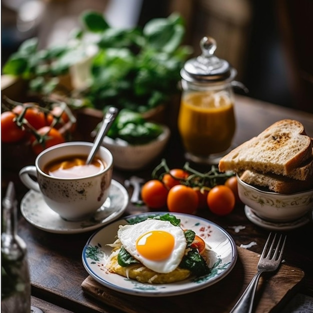 Colazione con uovo fritto spinaci pomodorini e caffè sulla tavola di legno
