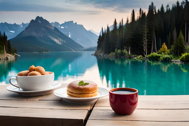 Colazione con vista lago e montagne sullo sfondo.