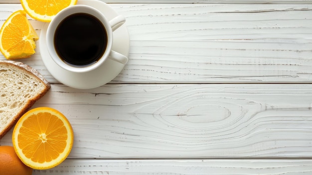 Colazione continentale caffè succo d'arancia e pane tostato su tavolo di legno bianco sfondo con spazio di testo libero