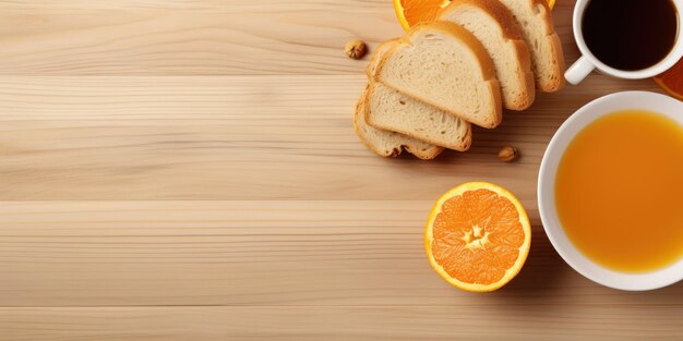 Colazione continentale minimalista con caffè, succo d'arancia e pane tostato su un tavolo di legno