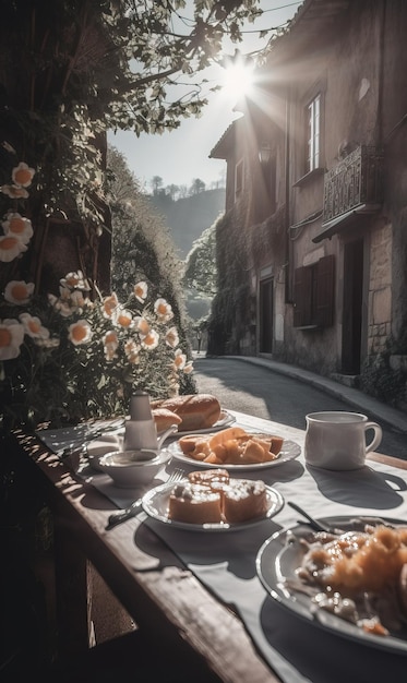 Colazione di lusso in un villaggio con splendide luci del sole Generative Ai