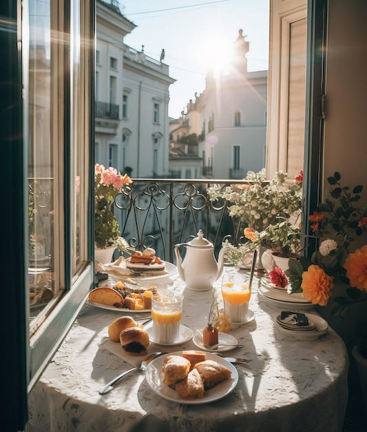 Colazione di lusso sul balcone con un bellissimo paesaggio cittadino sullo sfondo Generativo Ai