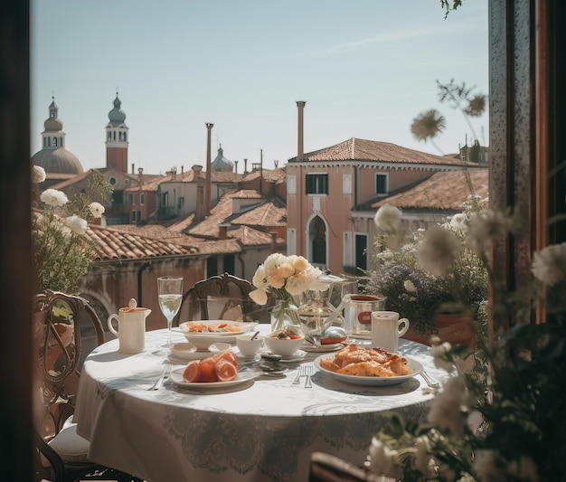 Colazione di lusso sul balcone con un bellissimo paesaggio cittadino sullo sfondo Generativo Ai