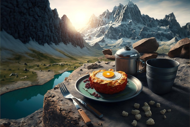 Colazione in cima alla montagna all'alba vista perfetta dal campo IA generativa