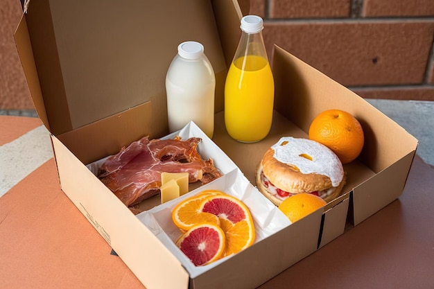 Colazione in Spagna con consegna Consegna sicura di salmone, prosciutto iberico, formaggio e succo d'arancia in una scatola di cartone