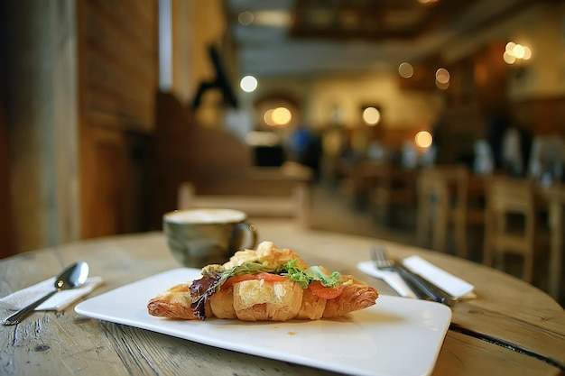 colazione in un caffè francese / croissant con salmone e insalata per colazione in un ristorante