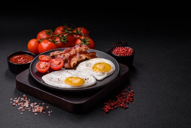 Colazione inglese con uova fritte bacon fagioli pomodori spezie ed erbe