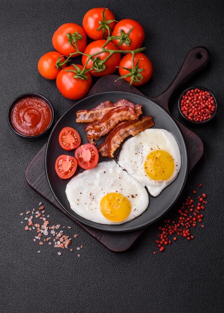 Colazione inglese con uova fritte bacon fagioli pomodori spezie ed erbe