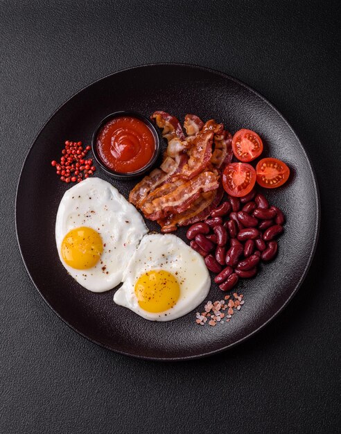 Colazione inglese con uova fritte bacon fagioli pomodori spezie ed erbe