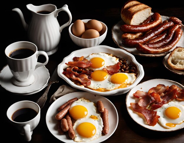 Colazione inglese con uova fritte fagioli pancetta e salsicce