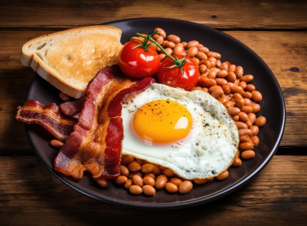 Colazione inglese con uova, pancetta e fagioli