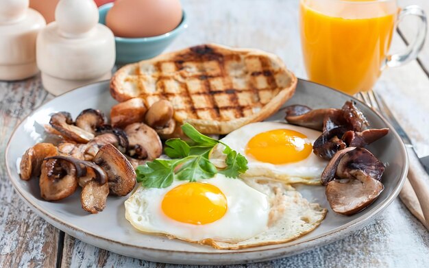 Colazione inglese Uova fritte con funghi e prosciutto con un bicchiere di succo d'arancia per la colazione