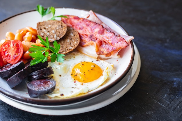 Colazione inglese uova fritte sanguinaccio fresco sanguinaccio sanguinaccio pane fagioli pancetta beans