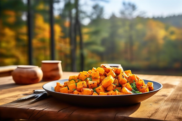 Colazione mattutina con hash di patate dolci con splendida vista autunnale sulla natura