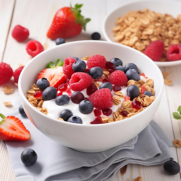 Colazione muesli con frutti di bosco e yogurt AI generativa