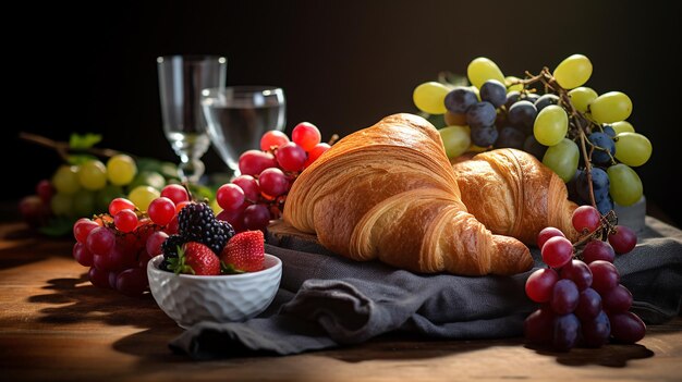 Colazione sana con croissant e frutti di bosco freschi