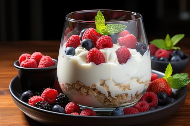 Colazione sana con yogurt all'avena e frutti rossi generativa IA