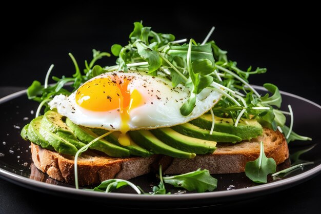 Colazione sana o spuntino a base di avocado e uova su pane tostato con rucola