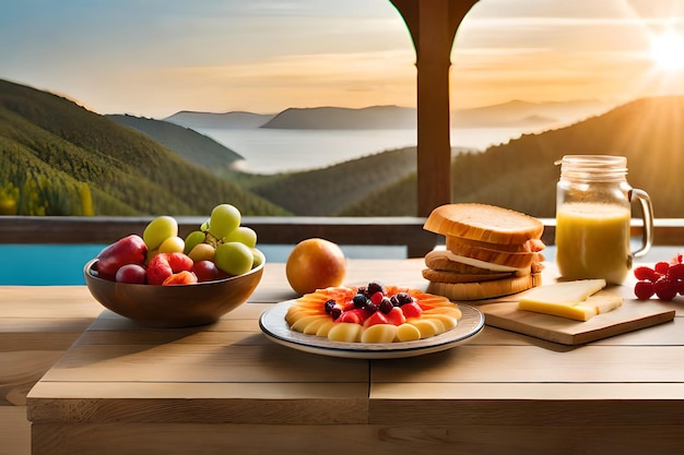 colazione su un balcone con vista sulle montagne e vista sull'oceano.