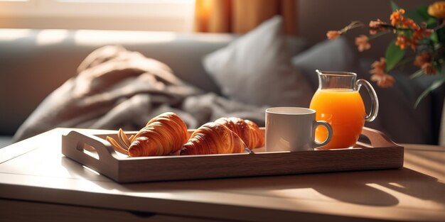 Colazione su un letto in una camera d'albergo