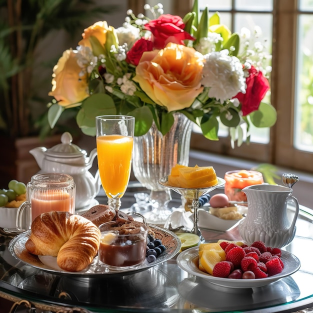 Colazione su un letto in una camera d'albergo