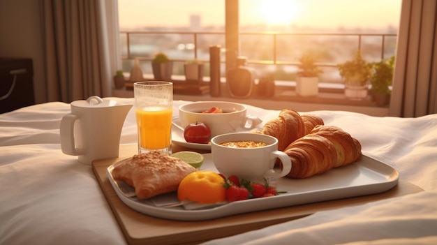 Colazione su un letto in una stanza d'albergo IA generativa