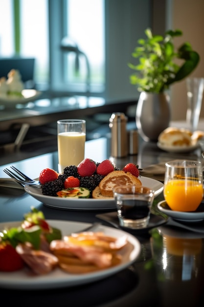 colazione su un tavolo con un bicchiere di latte e frutta.