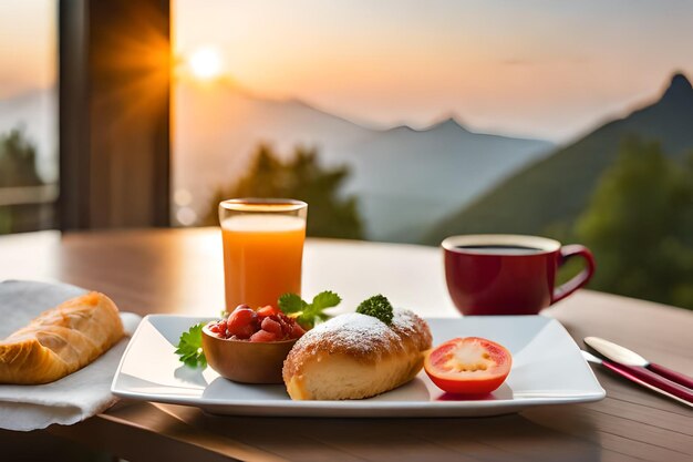 Colazione su un tavolo con una tazza di caffè e un panino per la colazione.