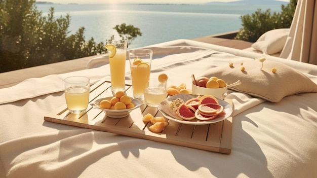 Colazione su un vassoio con vista sul mare