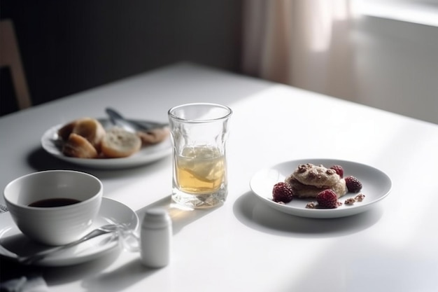 colazione sul tavolo bicchiere da tè toni bianchi minimalista