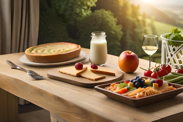 colazione sul tavolo con un bicchiere di latte e frutta