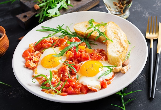 Colazione tardiva - uova fritte con verdure. Shakshuka. Cucina araba. Cibo kosher.