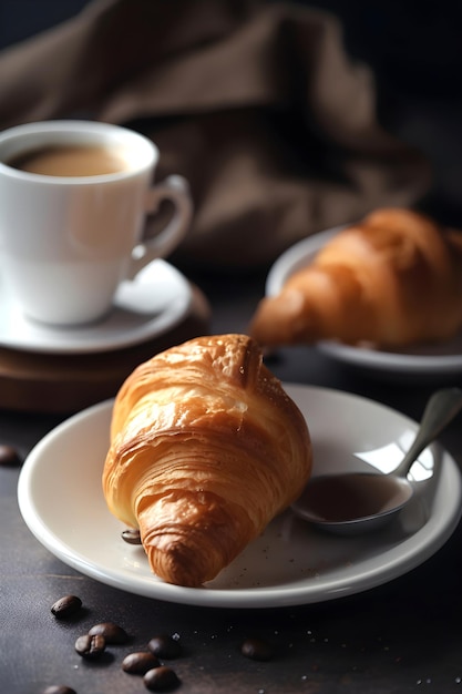 Colazione tradizionale con croissant e caffè AI generativa